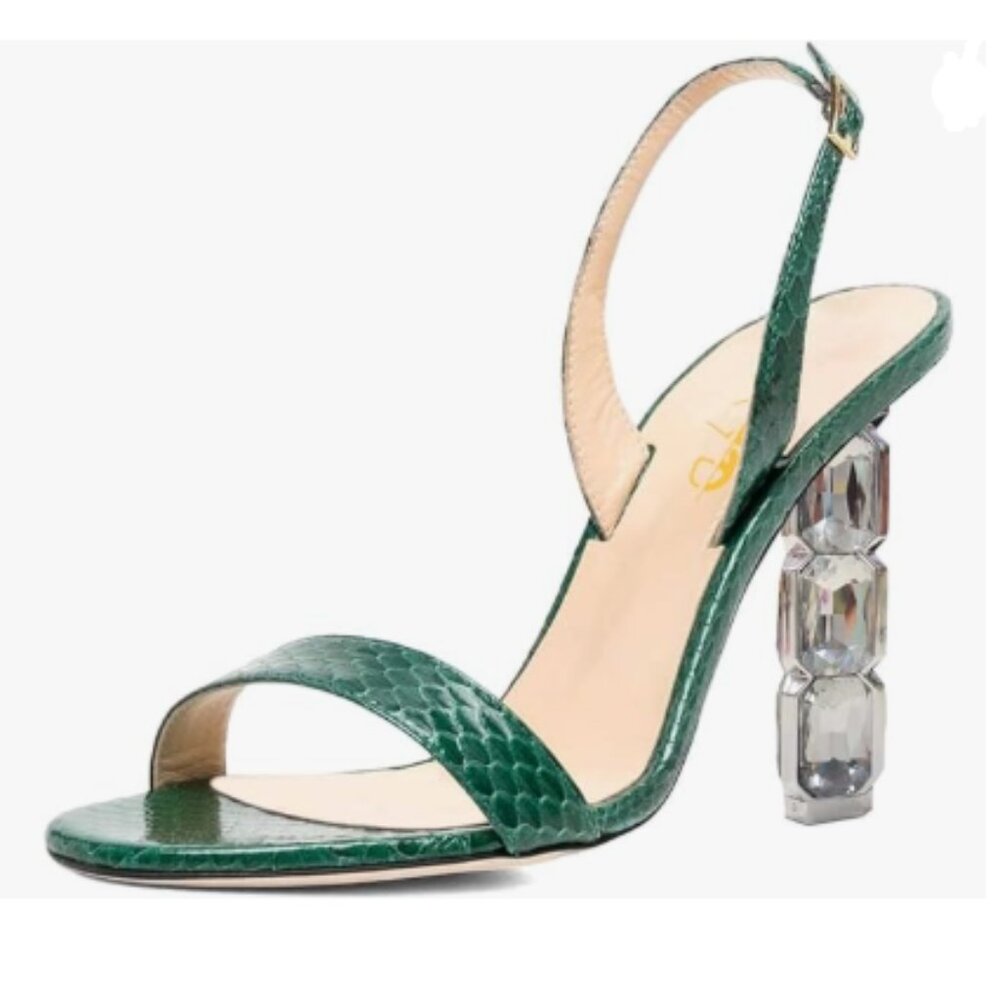 XYD Scale-green Sparkly Rhinestones Open Toe High Crystal Heel Slingback Sandals